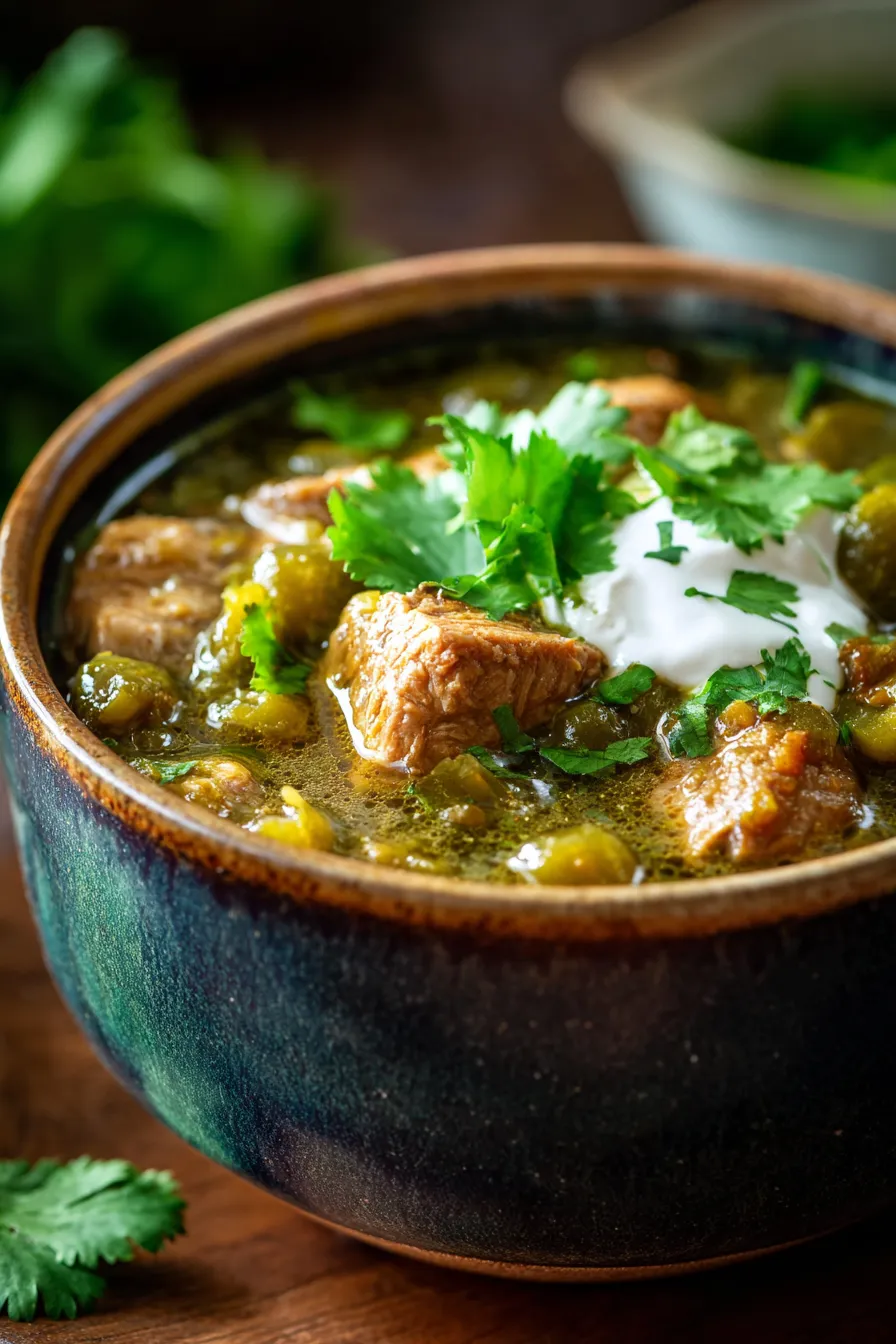 Slow cooker chili verde simmering steam