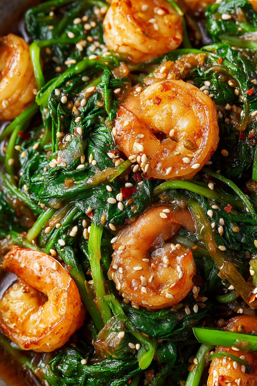 Stir frying shrimp in wok