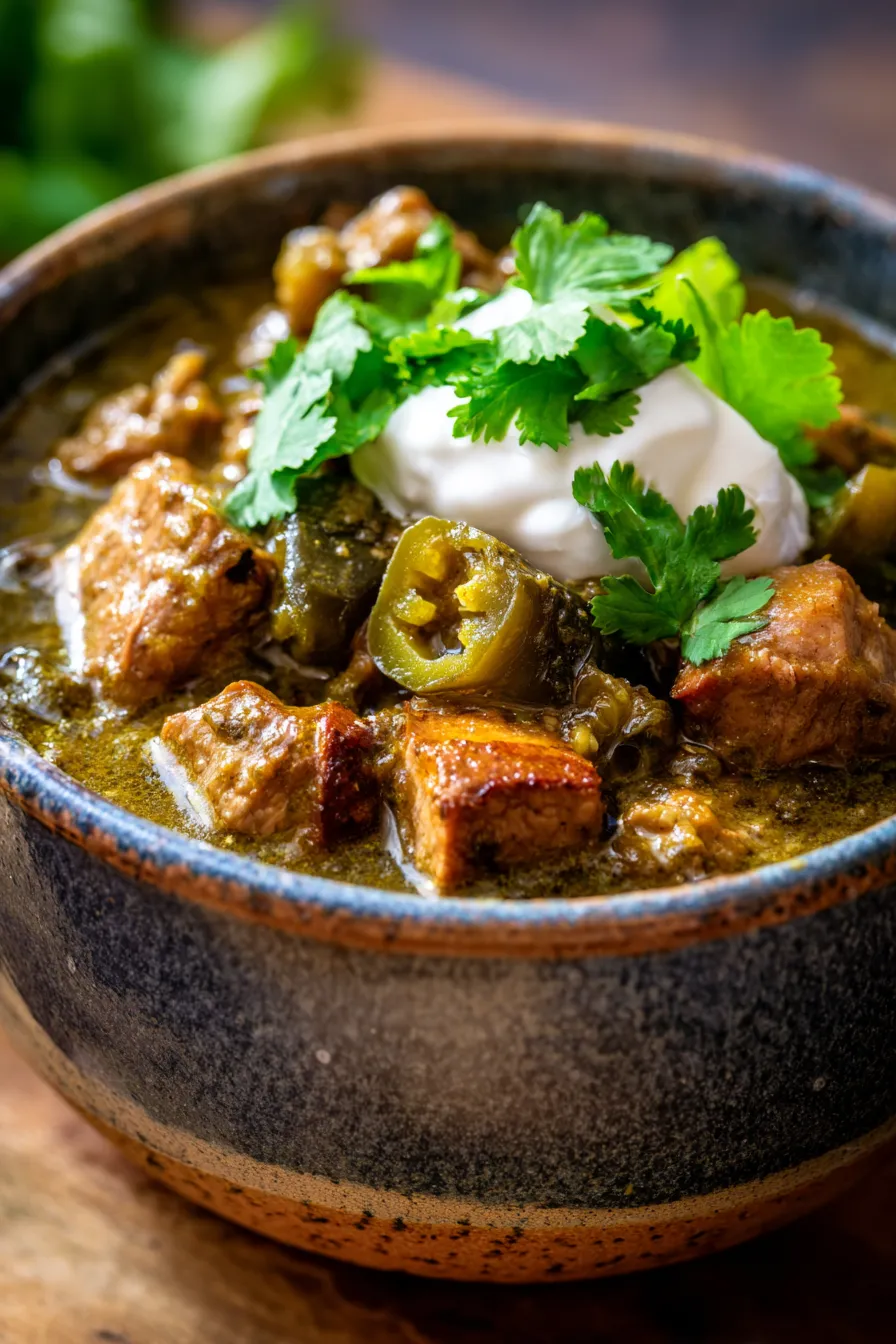 Tender pork chili verde texture closeup