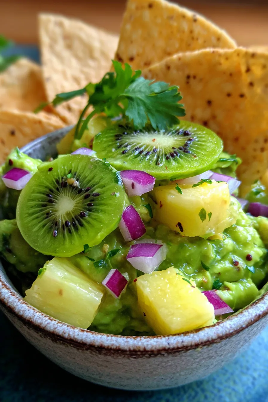 Tropical Guacamole with Kiwi & Pineapple-serving-chips