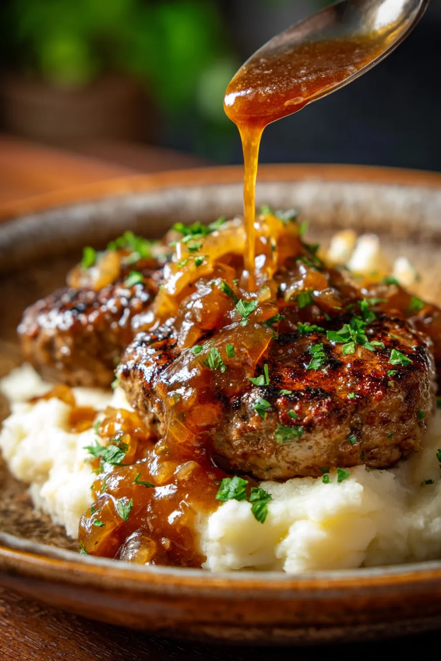 Amish Hamburger Steak Bake with Onion Gravy - baking dish, overhead, bubbling gravy