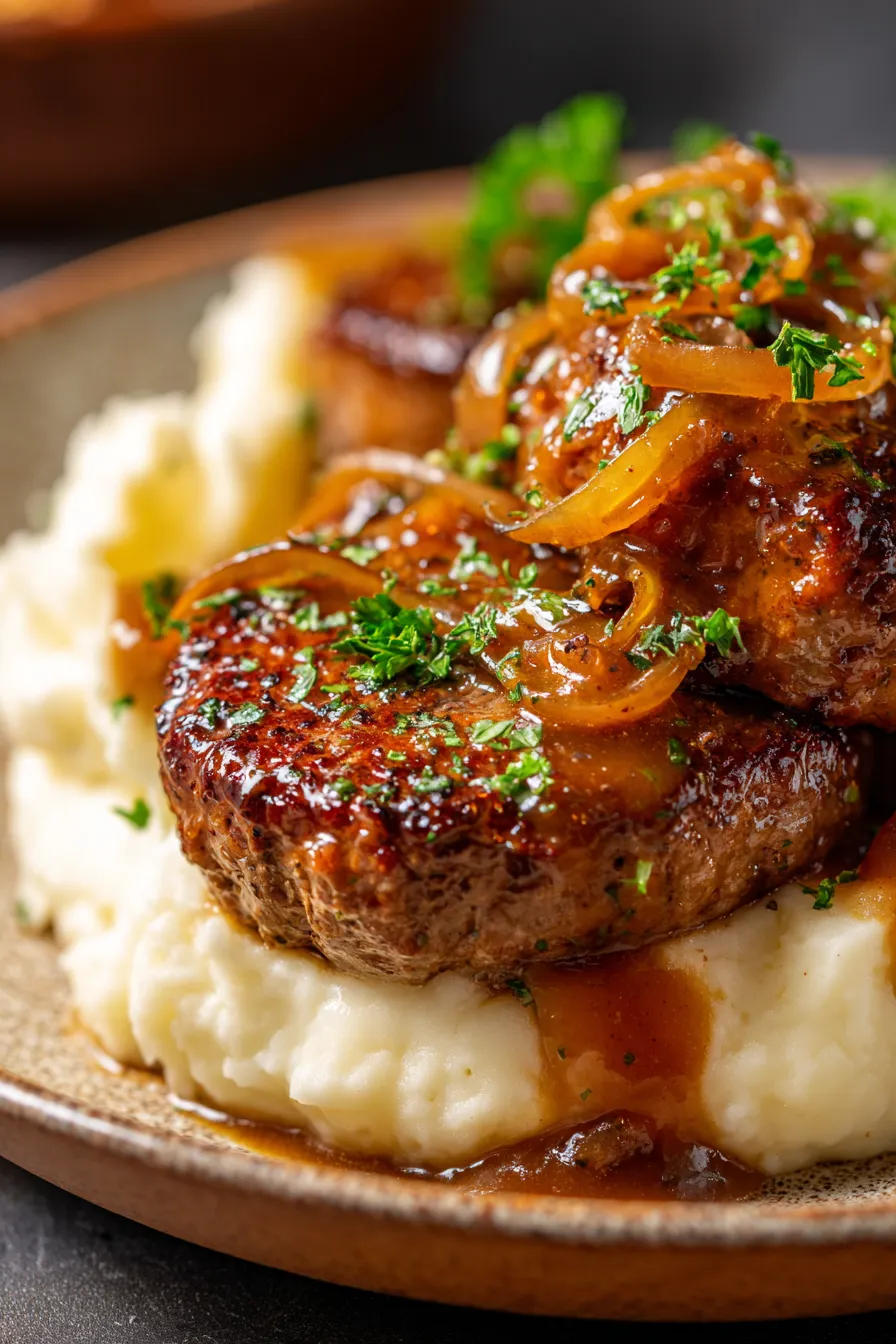 Amish Hamburger Steak Bake with Onion Gravy - cross-section, tender meat, rich gravy