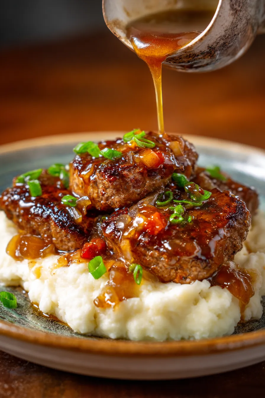 Amish Hamburger Steak Bake with Onion Gravy - ingredients, rustic wooden board, prep