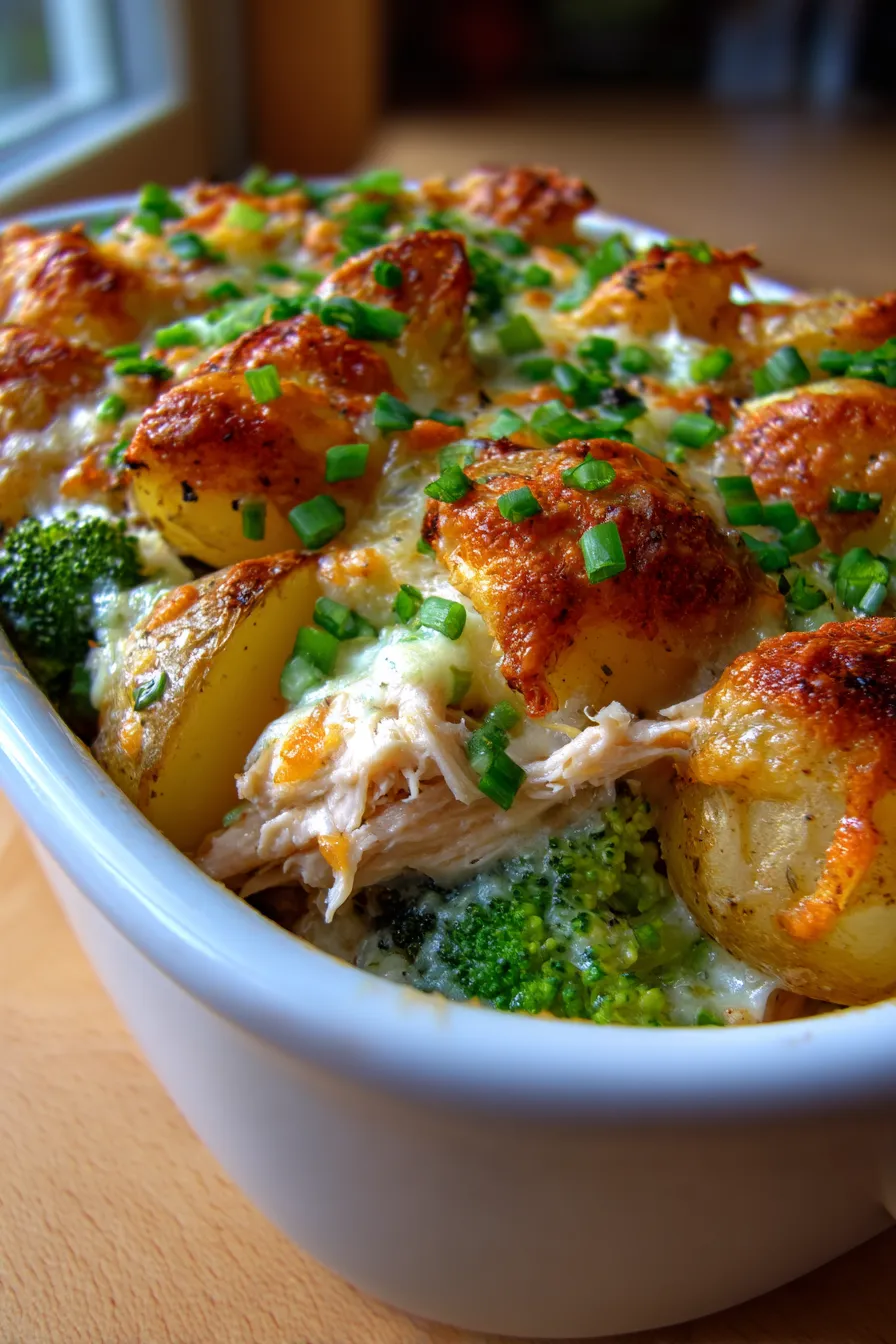 Baked Potato Chicken and Broccoli Cheese Casserole-golden-brown-crust