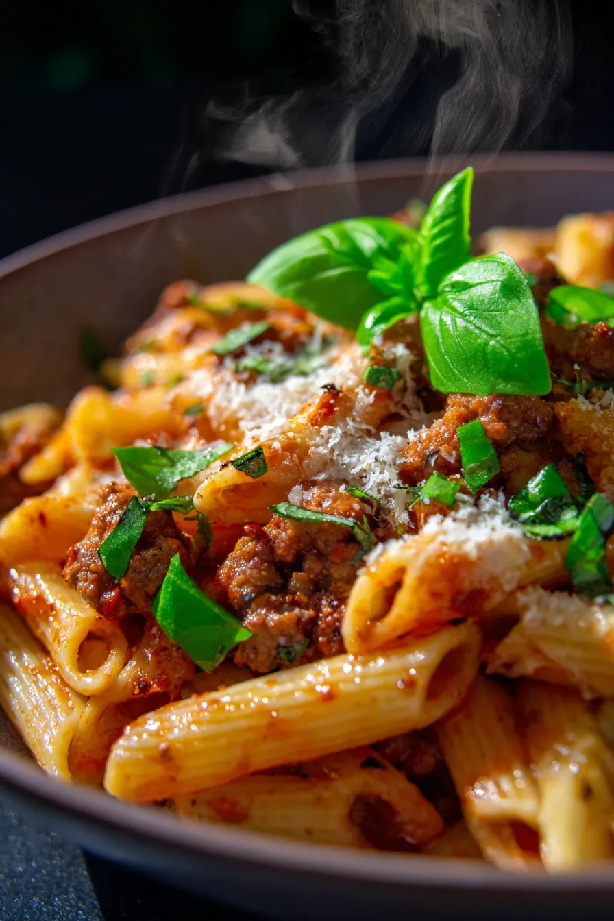 Beef Ragu Pasta in Tomato Sauce (One-Pan)-closeup-texture