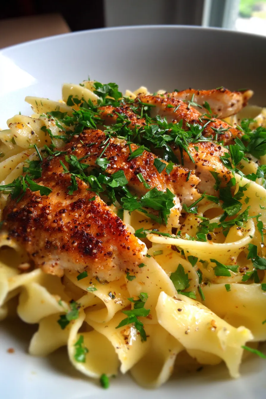 Buttered Noodles with Juicy Chicken and Herbs - texture closeup