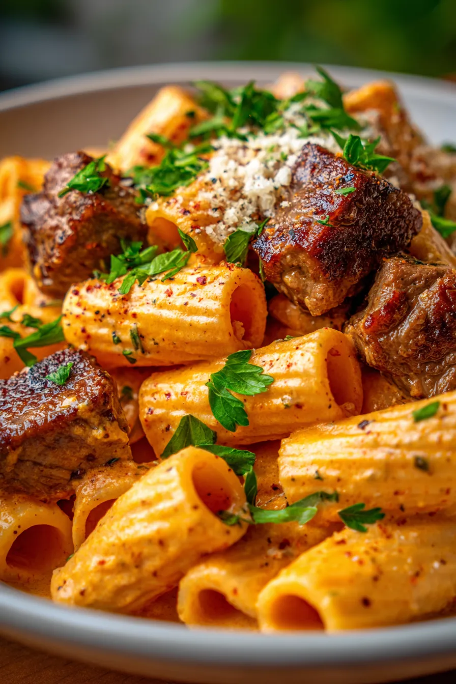 Cajun Steak Tips in Cheesy Rigatoni Sauce close-up creamy pasta