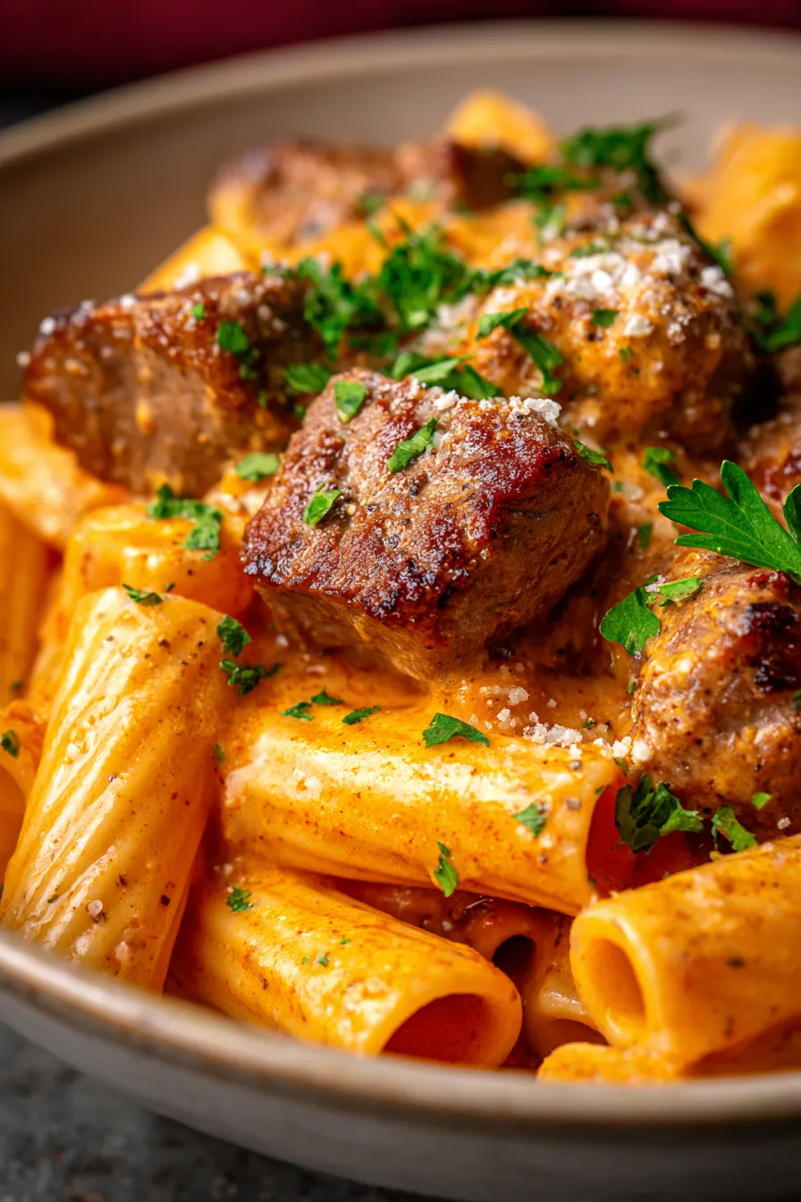 Cajun Steak Tips in Cheesy Rigatoni Sauce ingredients flat lay