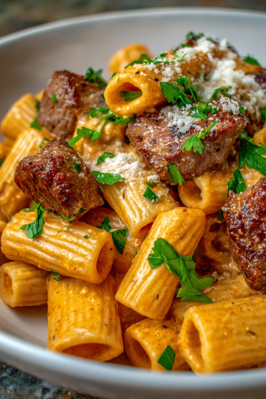 Cajun Steak Tips in Cheesy Rigatoni Sauce serving with herbs