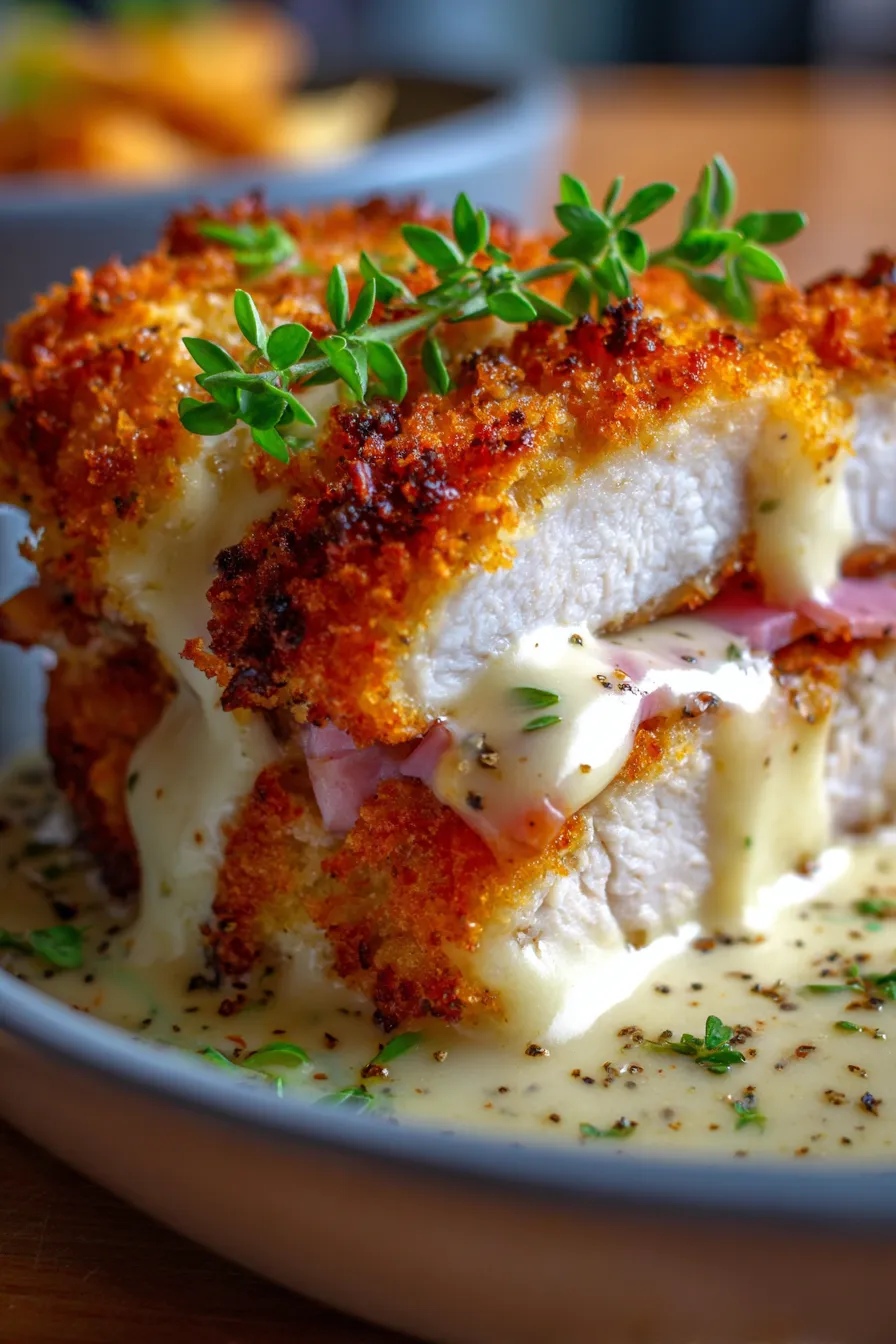 Chicken Cordon Bleu Casserole with Ham and Swiss-serving-spoon