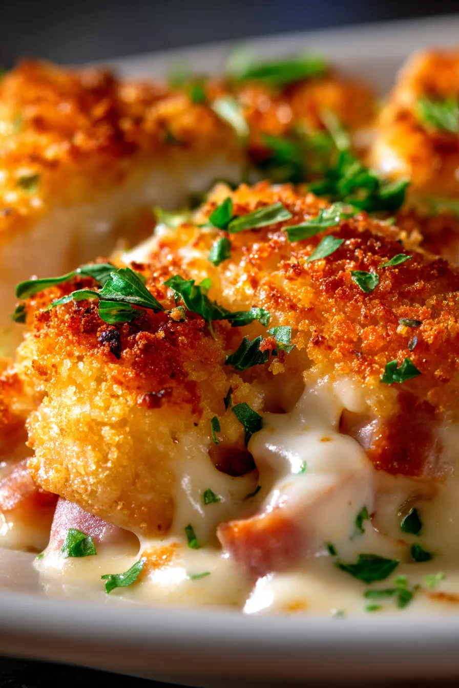 Chicken Cordon Bleu Casserole with Ham and Swiss-texture-closeup