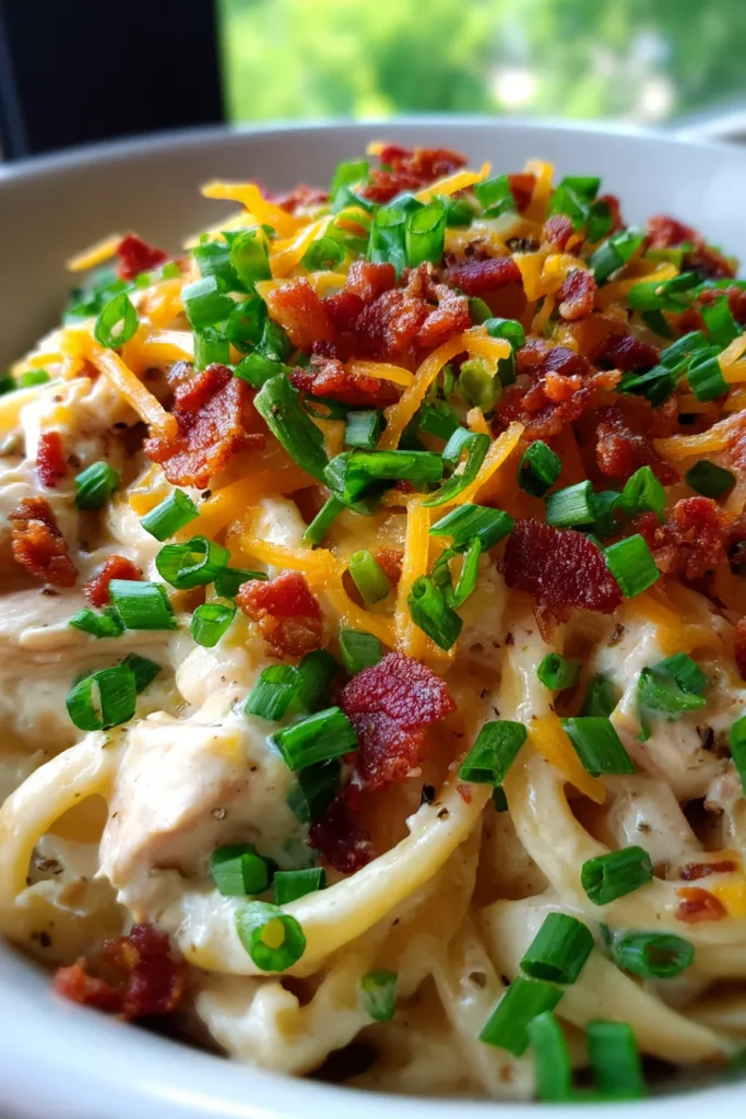 Ultimate Easy Creamy Crockpot Chicken Bacon Ranch Pasta