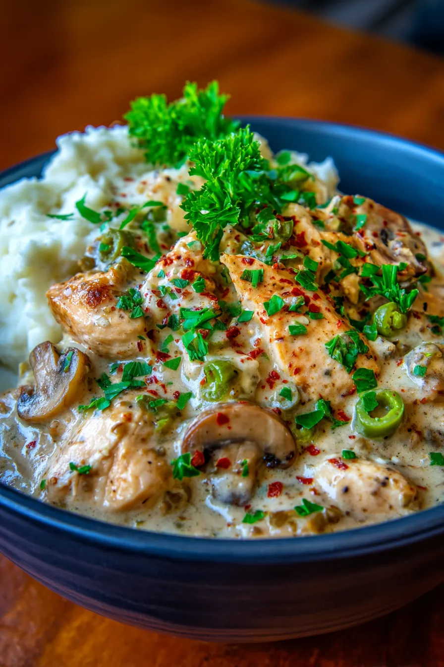 Creamy Crockpot Pepperoncini Chicken serving plate close-up