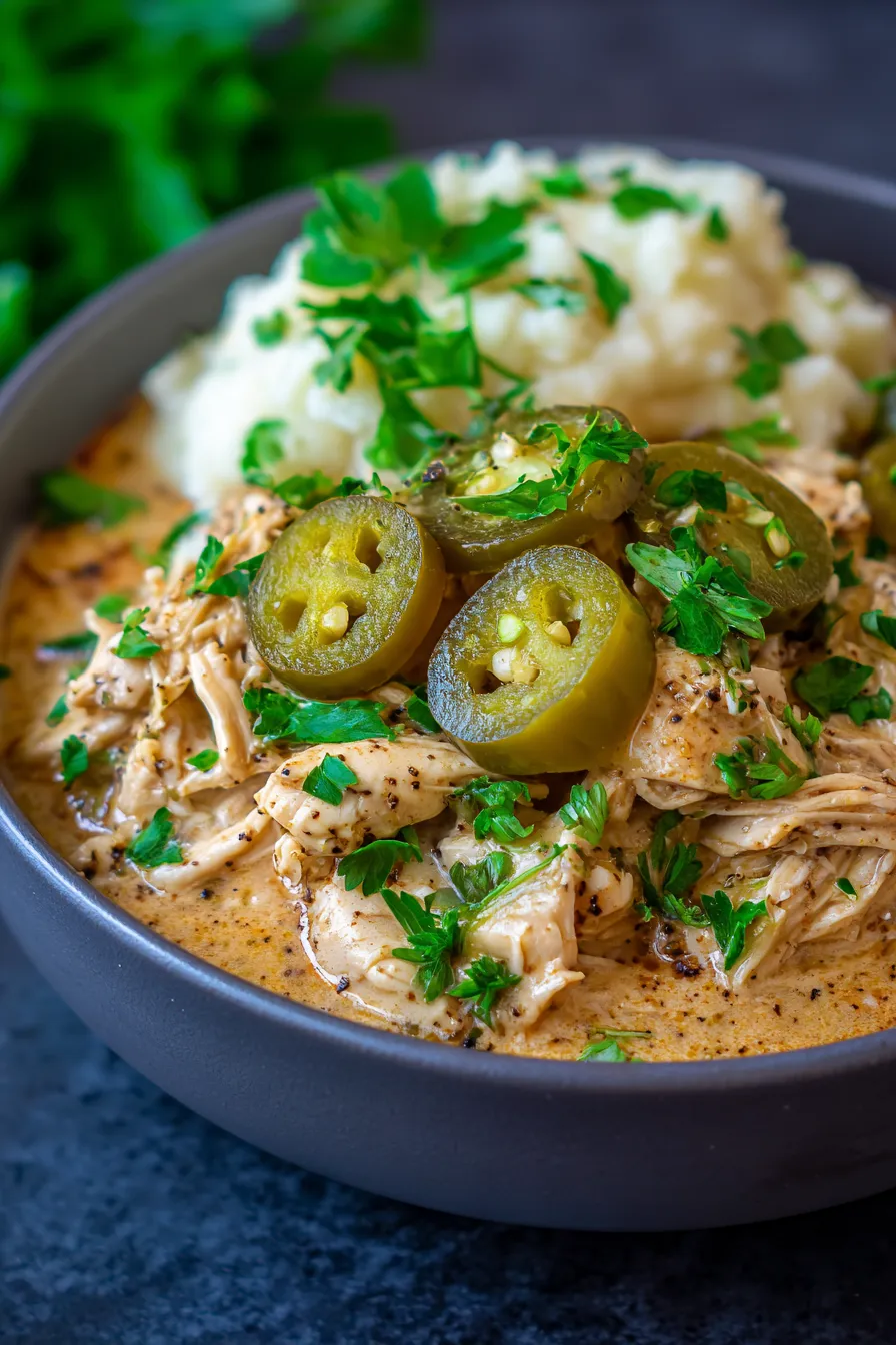 Creamy Crockpot Pepperoncini Chicken shredded texture