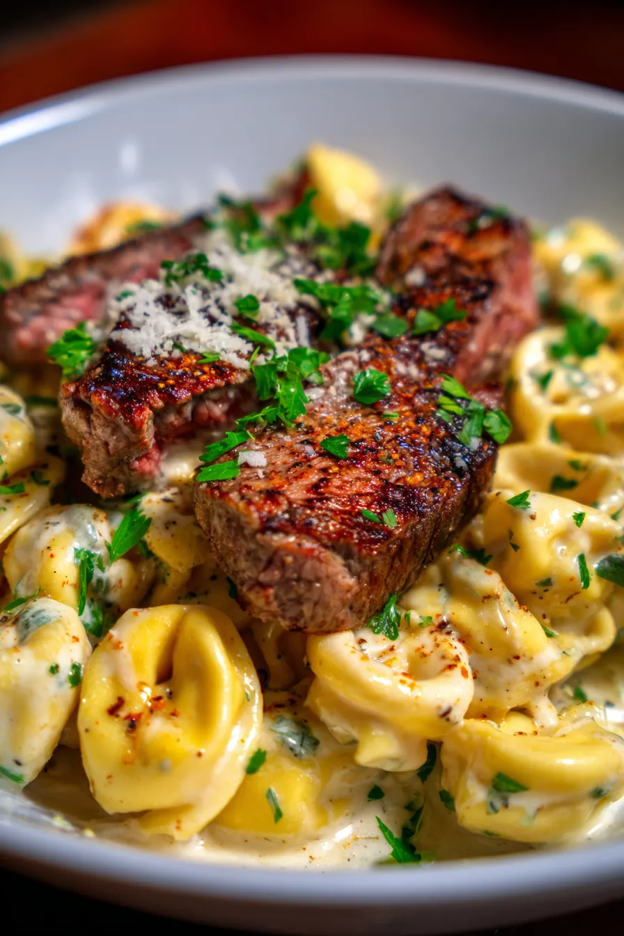 Creamy Garlic Steak Tortellini-texture-closeup