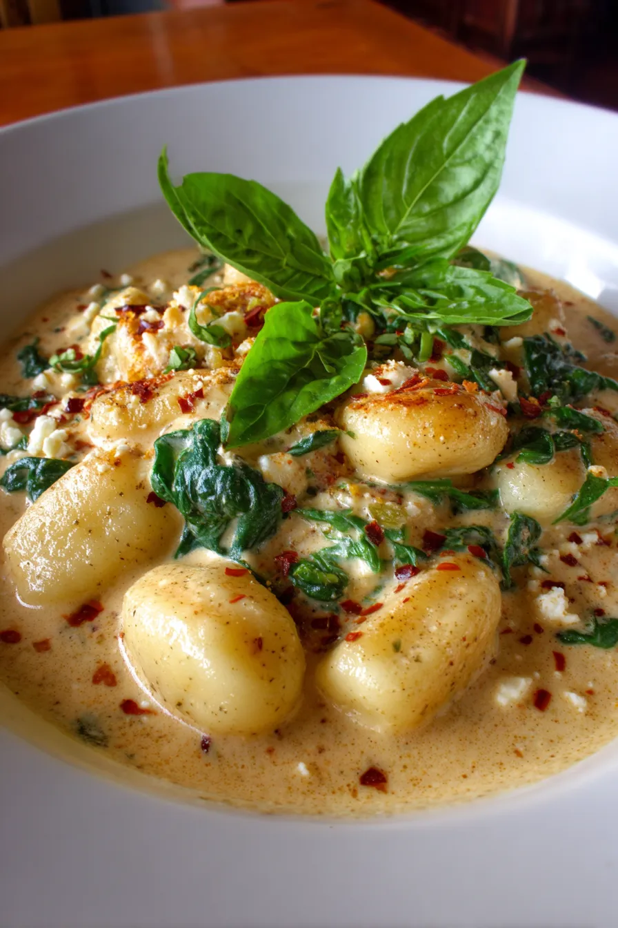 Creamy Gnocchi with Spinach and Feta-serving-bowl-closeup