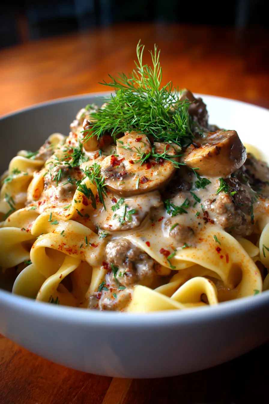Creamy Ground Beef Stroganoff (30-Minute Dinner)-sauce-simmering