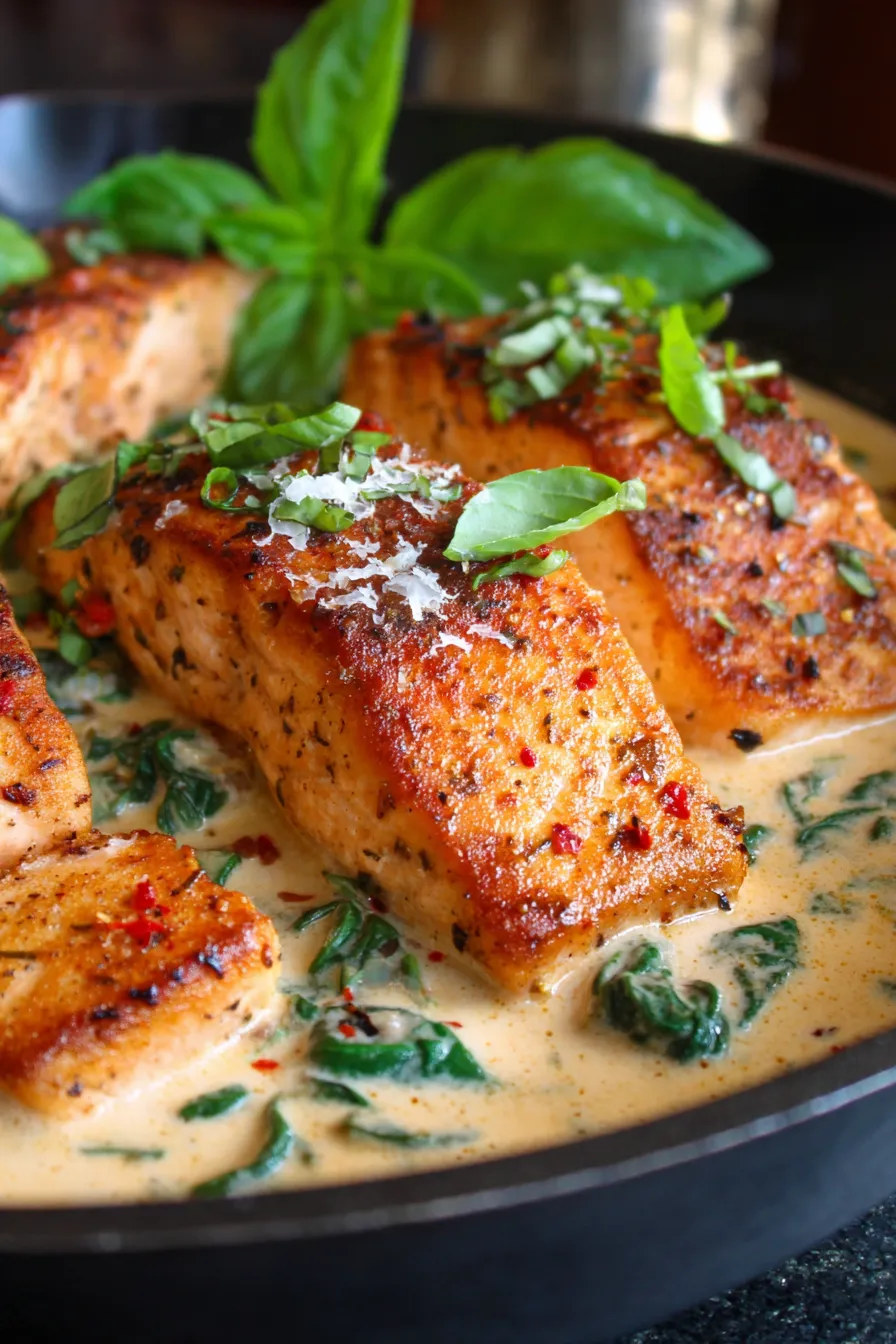 Creamy Tuscan Salmon Skillet-closeup-texture