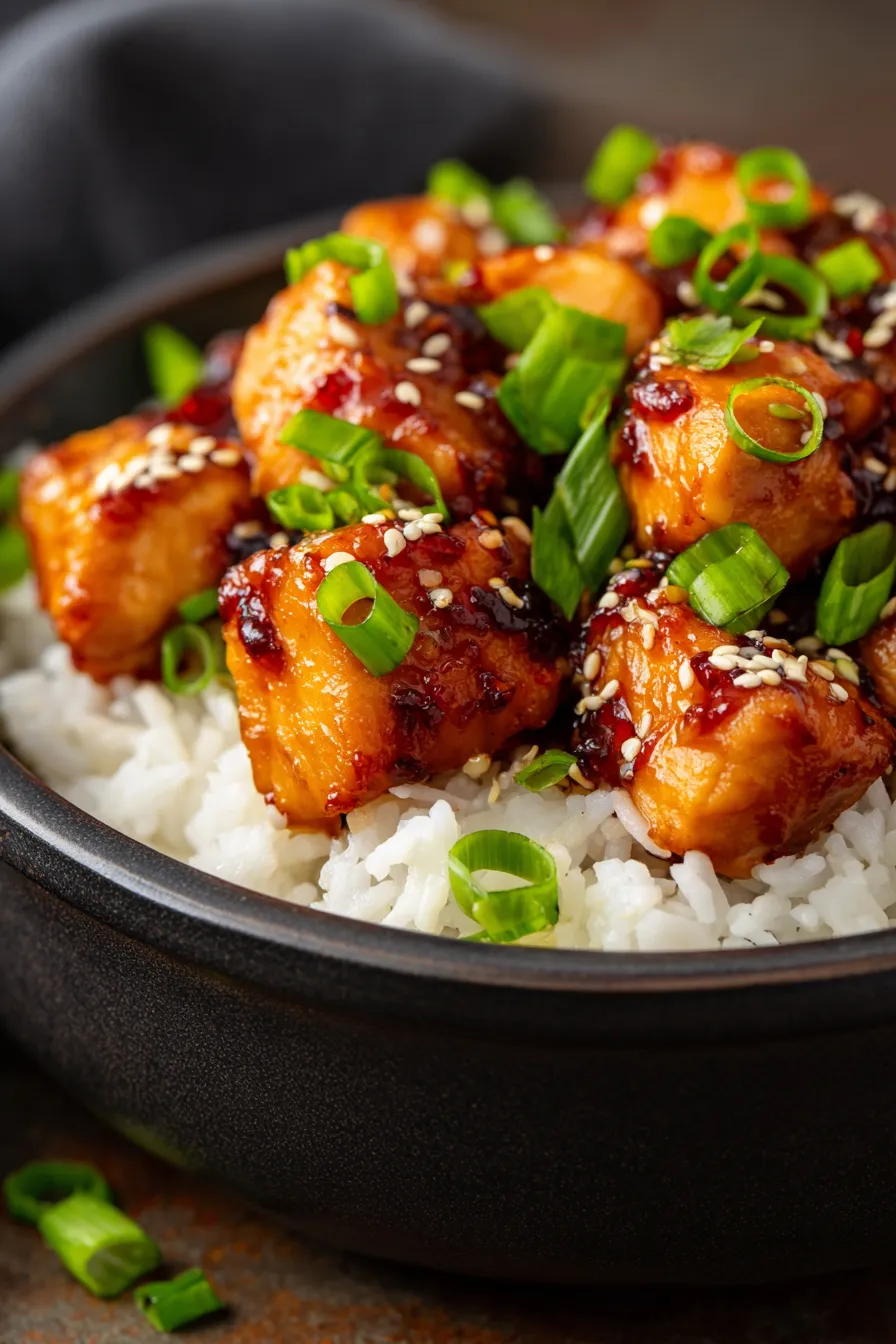 Crockpot Bourbon Chicken-served-rice