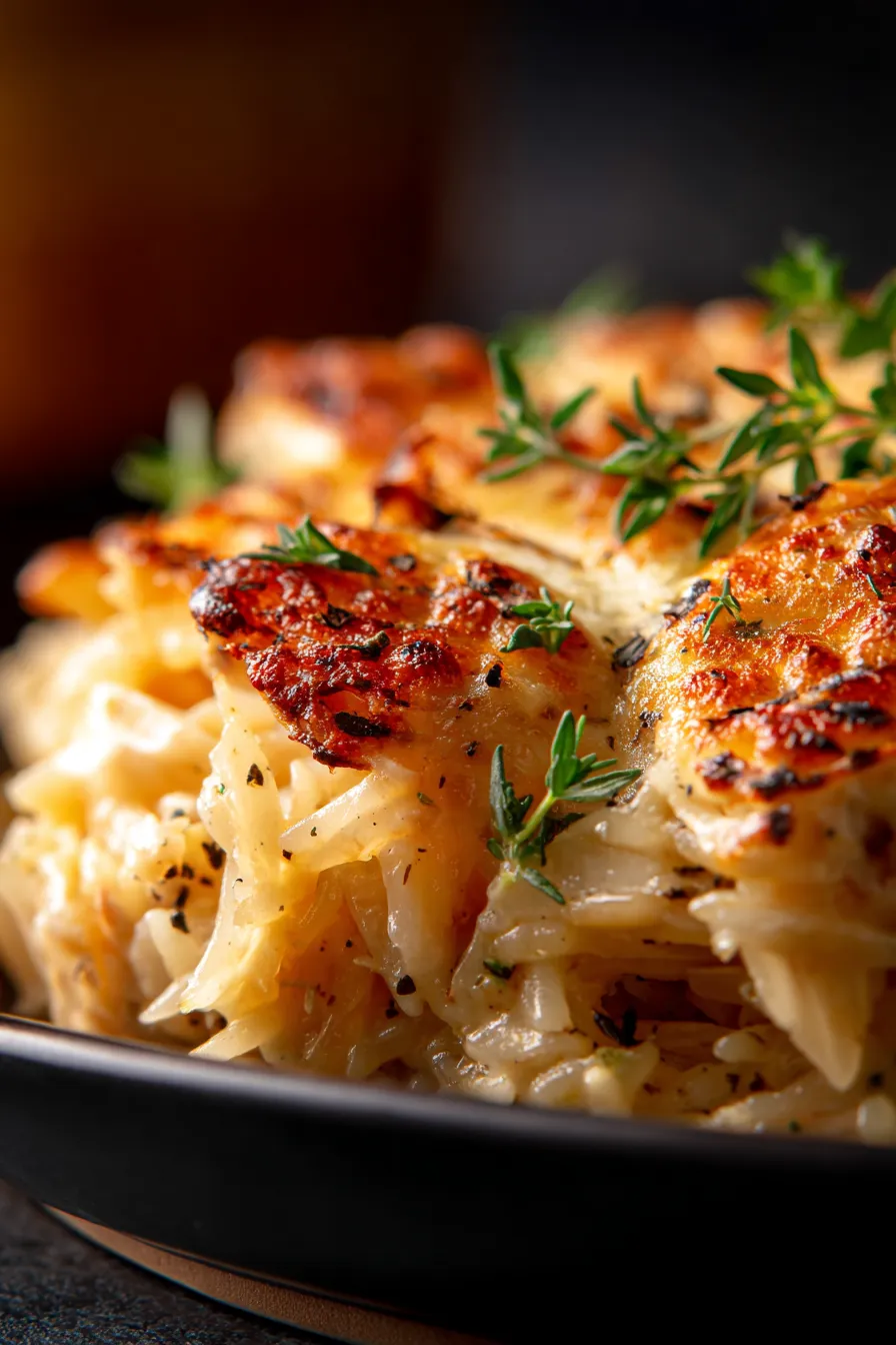 Crockpot chicken orzo, serving, rustic dish