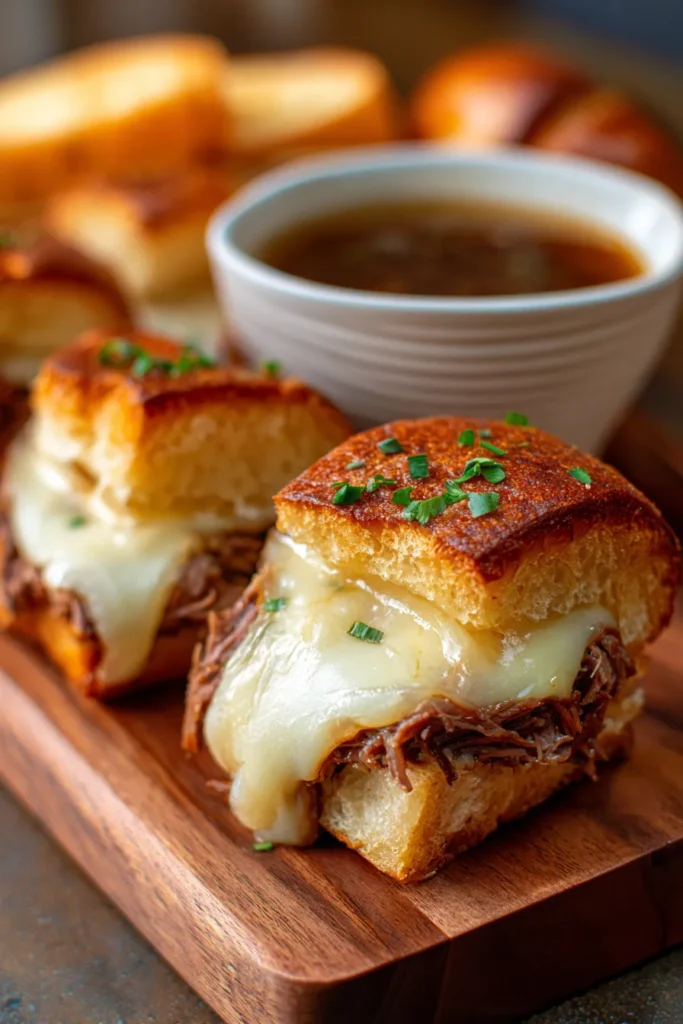 Easy Crockpot French Dip Sliders with Melted Provolone