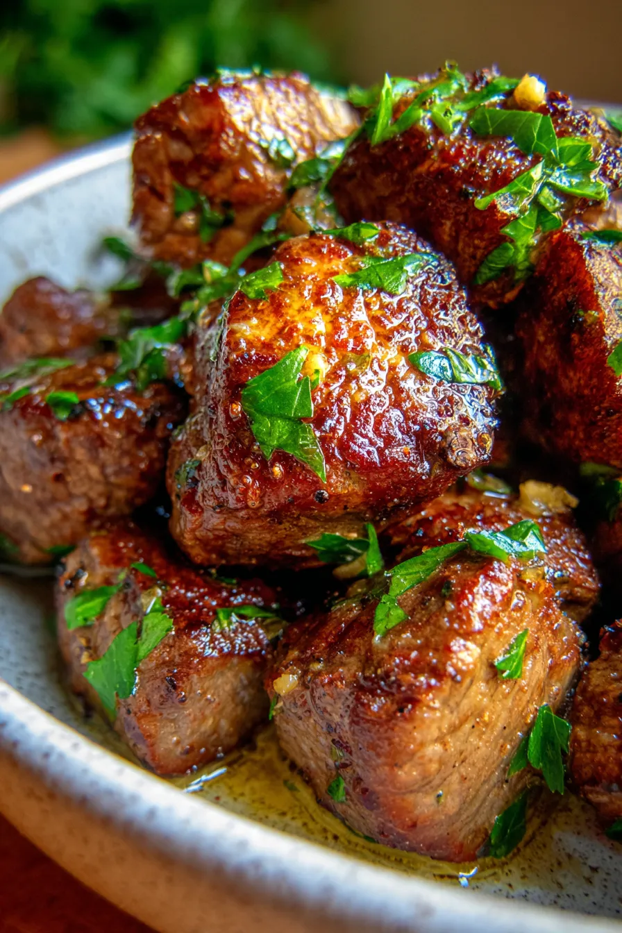 Crockpot Garlic Butter Beef Bites-served-mashed potatoes