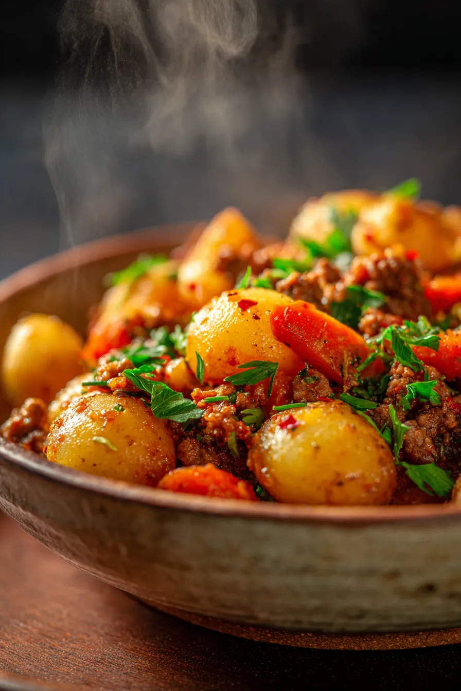 Crockpot Hobo Casserole with Ground Beef-scoop-closeup