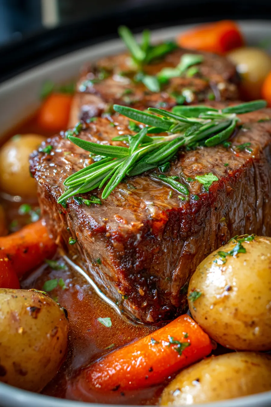 Crockpot Pot Roast-simmering-overhead-hearty