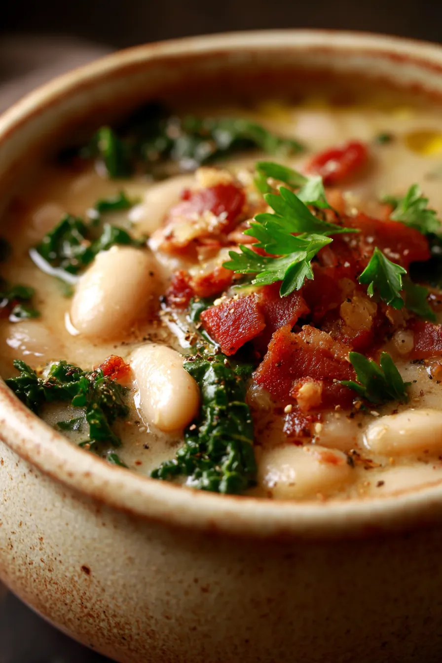 Crockpot White Bean Soup with Bacon-garnished-close up