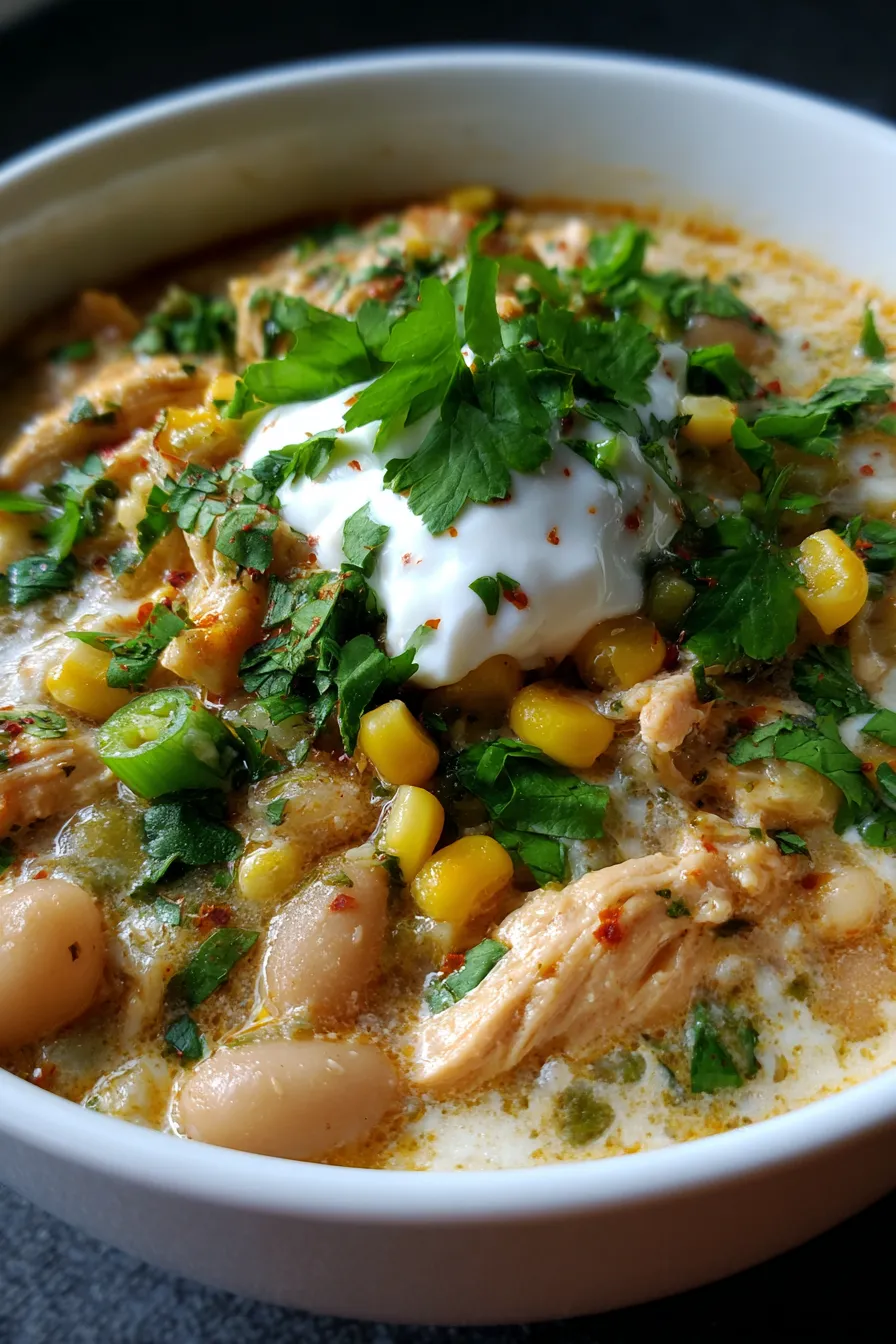 Crockpot White Chicken Chili with Cream Cheese, creamy texture, close up, spoon