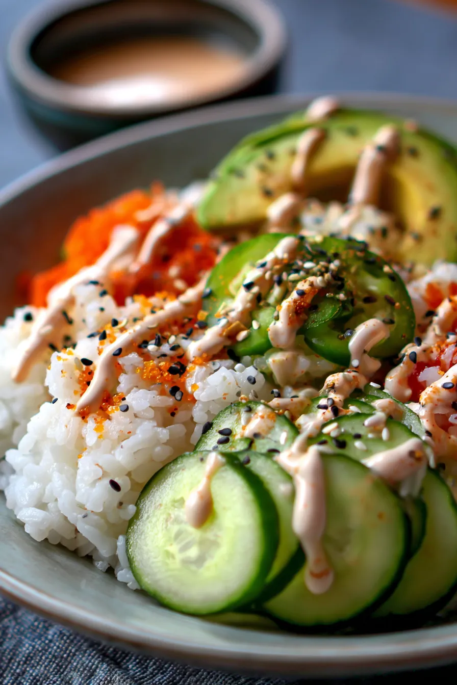 deconstructed sushi bowl closeup