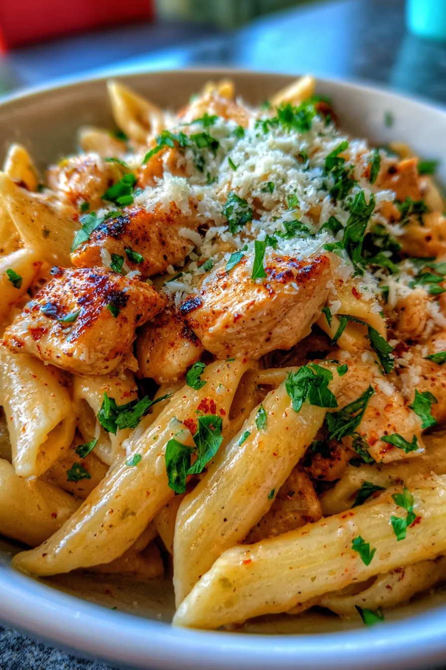 Easy Crockpot Garlic Parmesan Chicken Pasta-serving-spoonful