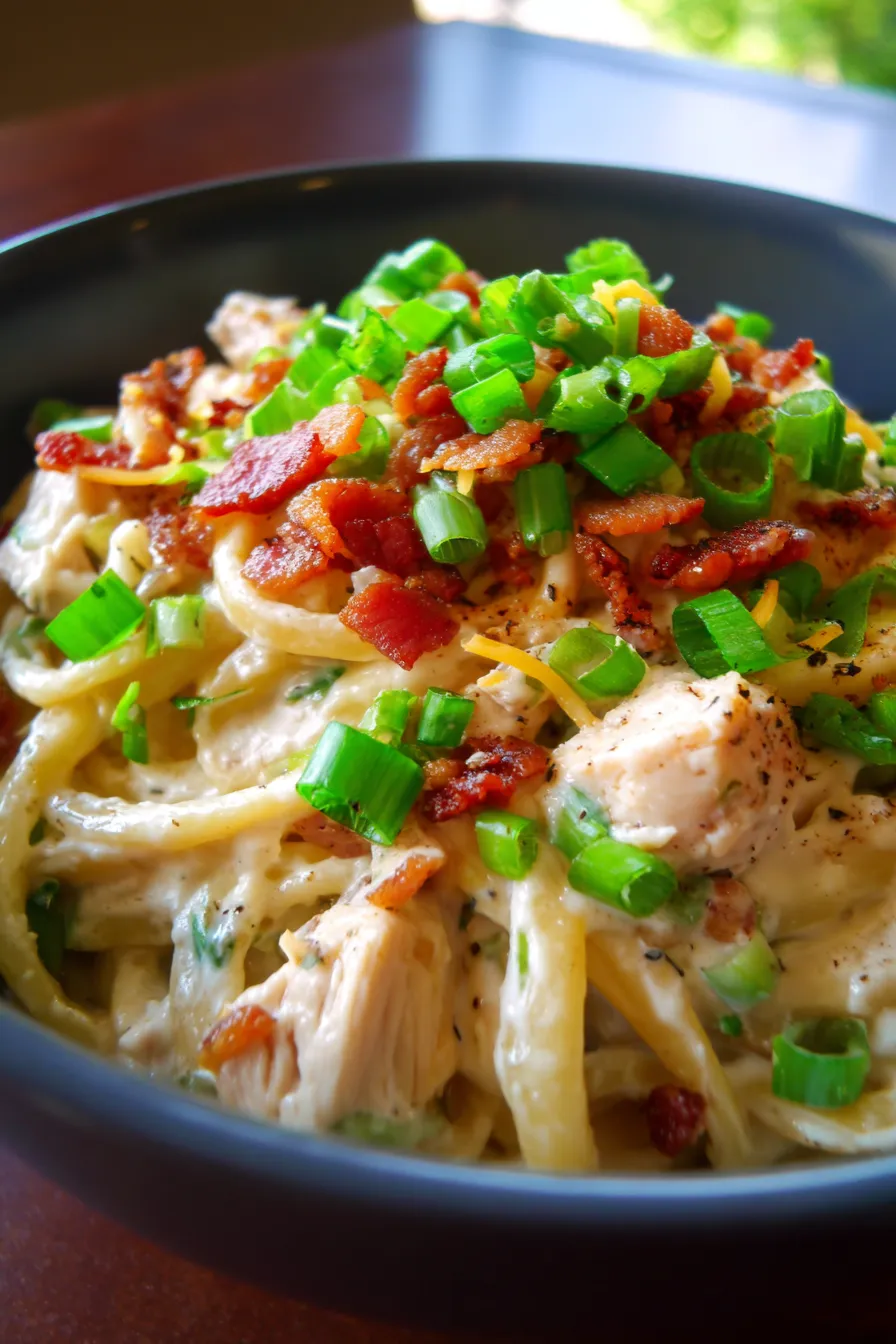 Finished creamy pasta dish serving bowl