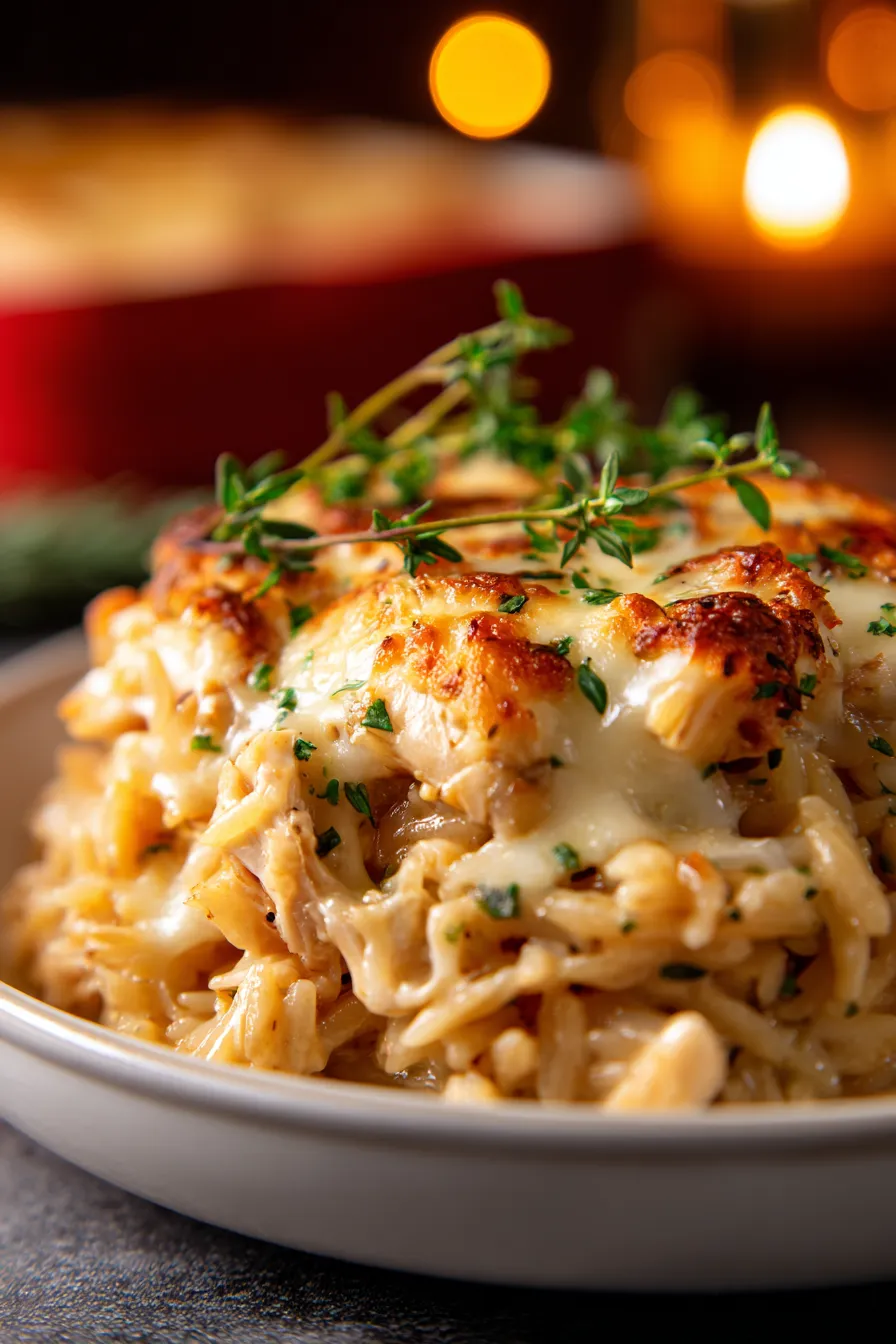 French onion chicken orzo casserole, close-up, creamy texture