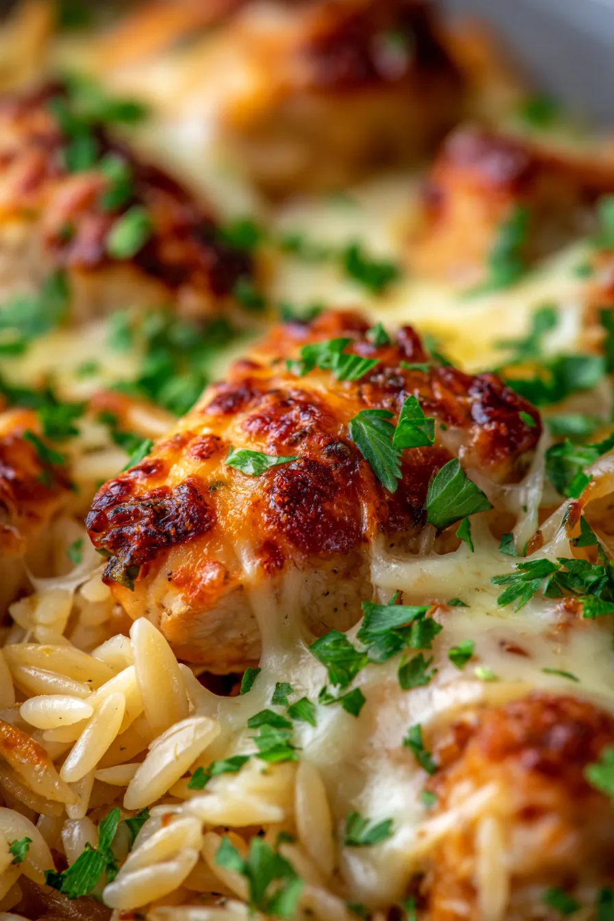French Onion Chicken Orzo Casserole-goldenbrown-plated