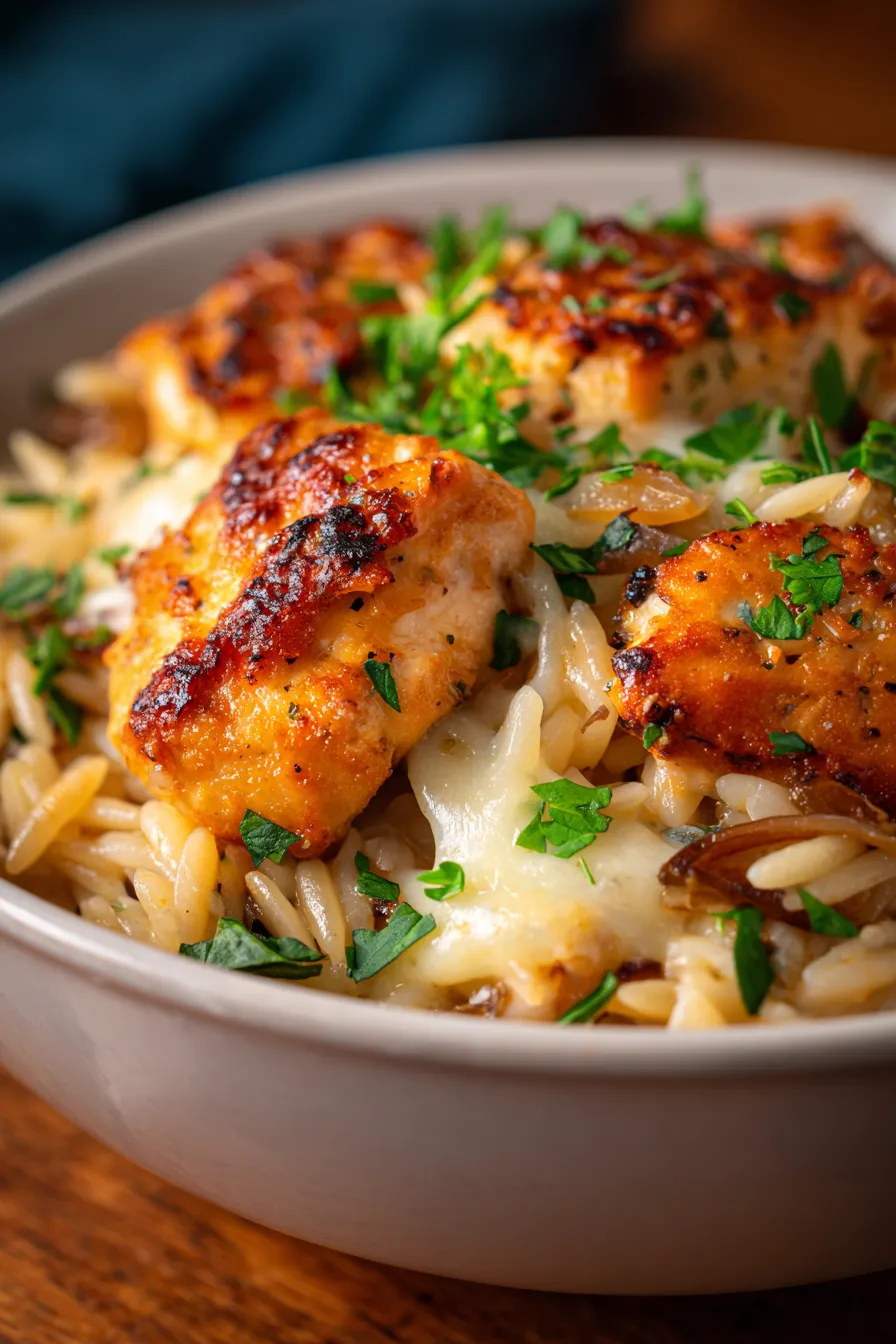 French Onion Chicken Orzo Casserole-ingredients-rustic