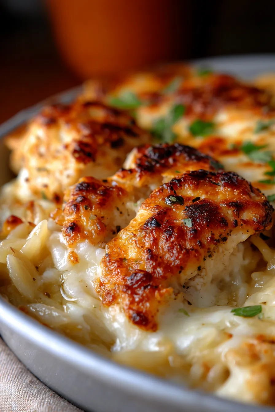 French Onion Chicken Orzo Casserole-served-side