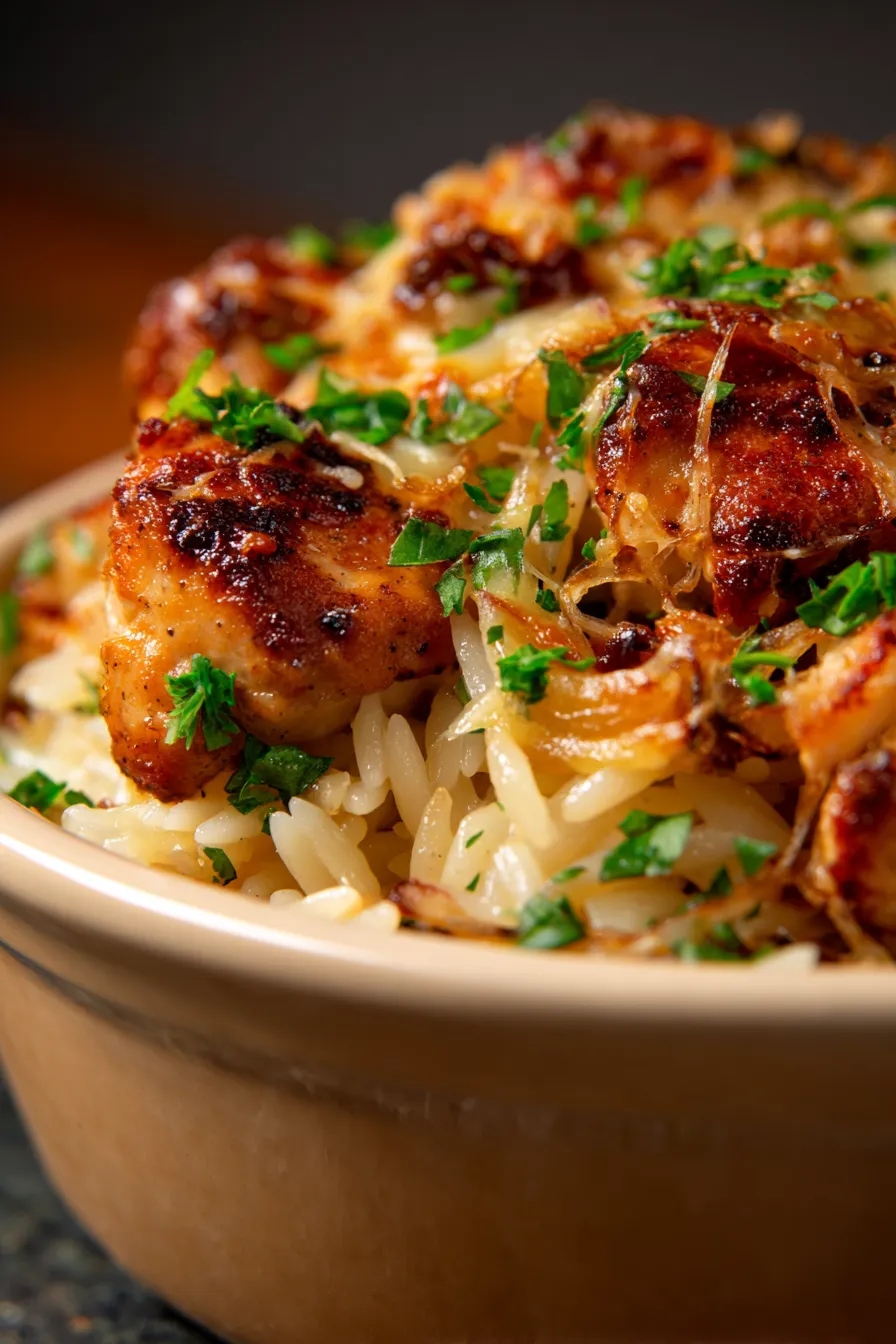 French Onion Chicken Orzo Casserole-texture-closeup