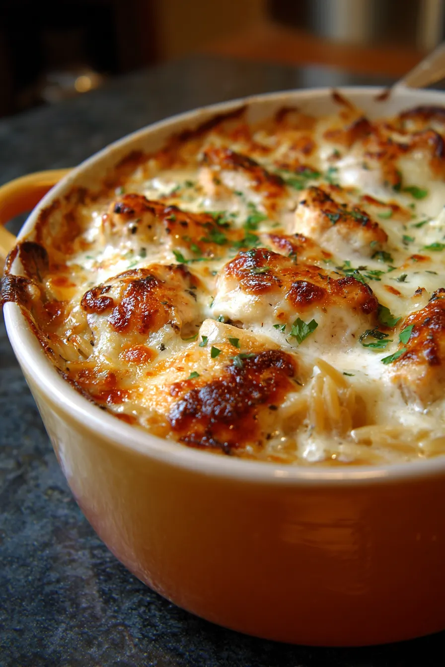 French Onion Chicken Orzo Casserole-texture-closeup