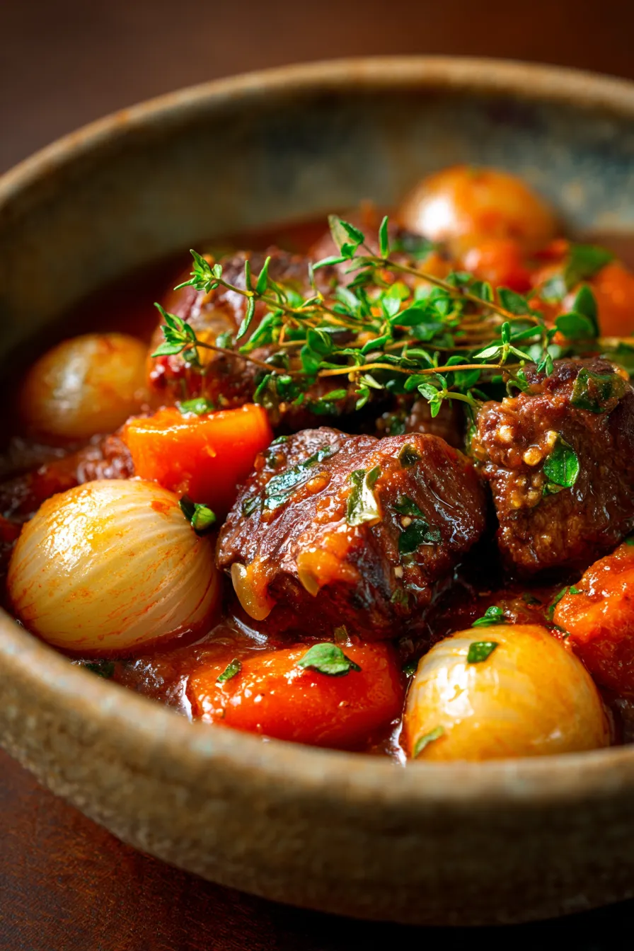 French-Style Beef Stew with Red Wine and Herbs, serving, crusty bread, garnish