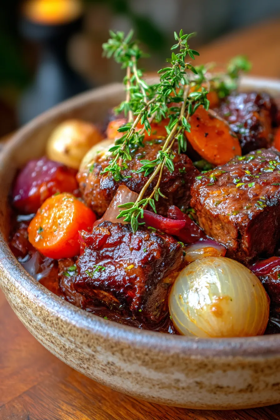 French-Style Beef Stew with Red Wine and Herbs, texture, tender beef, rich sauce