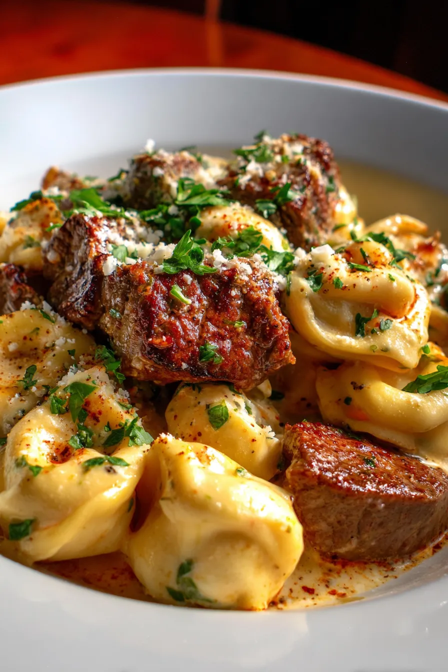 Garlic Butter Steak Tortellini in Creamy Sauce-steak-closeup