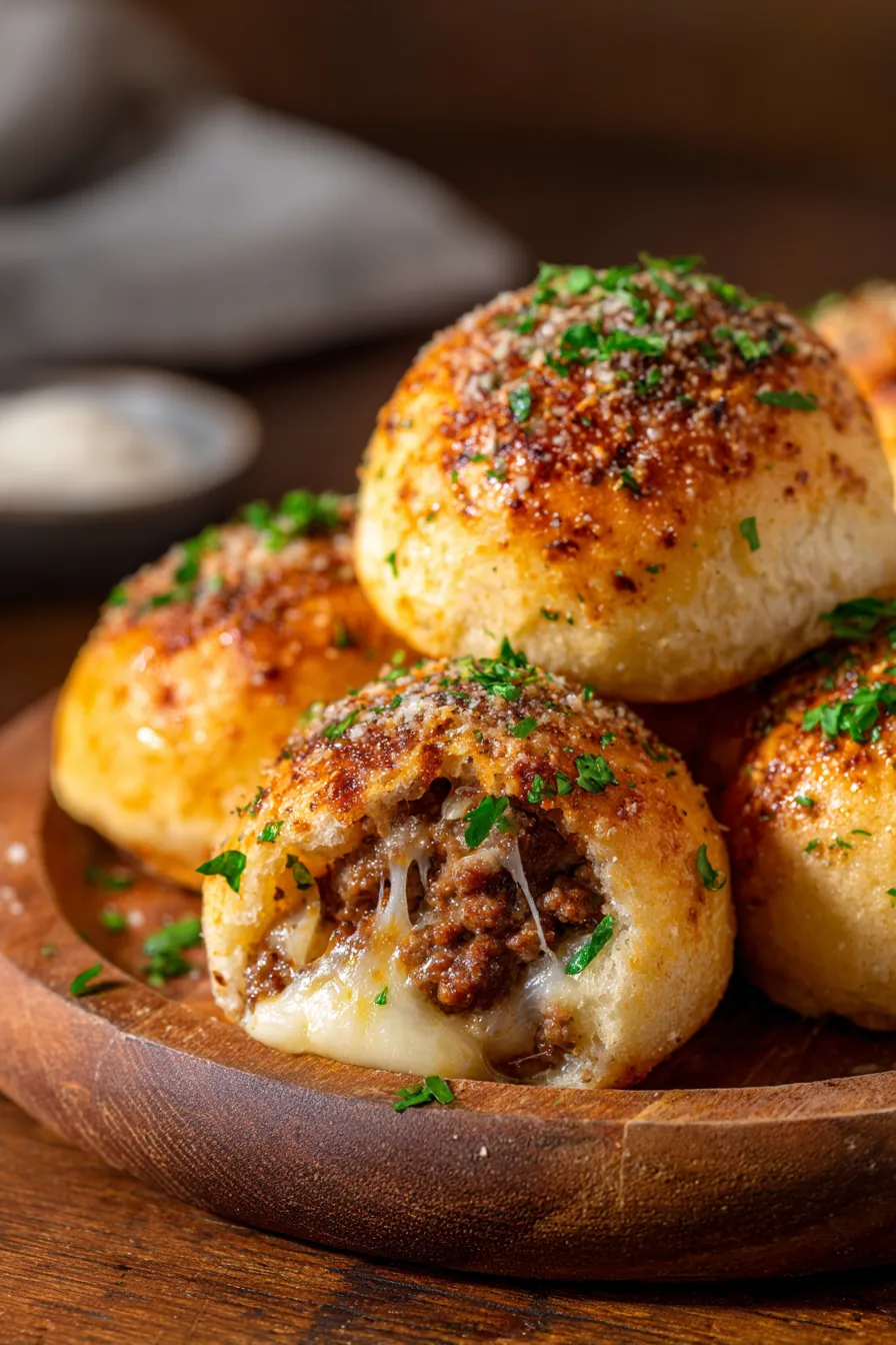 Garlic Parmesan Cheeseburger Bombs with Melty Cheese-cut open-melty cheese pull