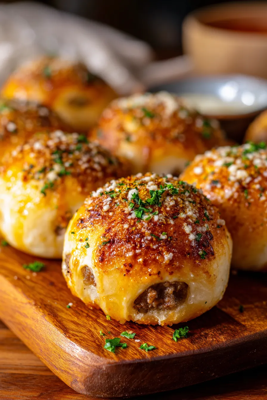 Garlic Parmesan Cheeseburger Bombs with Melty Cheese-garlic parmesan crust-close up