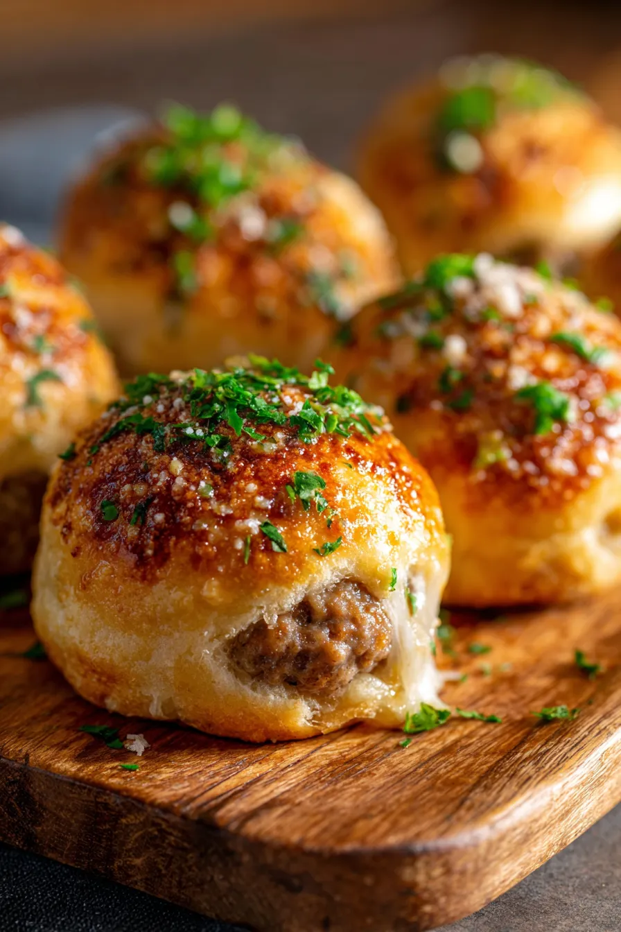 Garlic Parmesan Cheeseburger Bombs with Melty Cheese-serving platter-dipping sauce