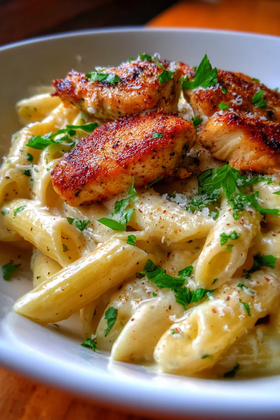 Garlic Parmesan Chicken Pasta-creamy-overhead