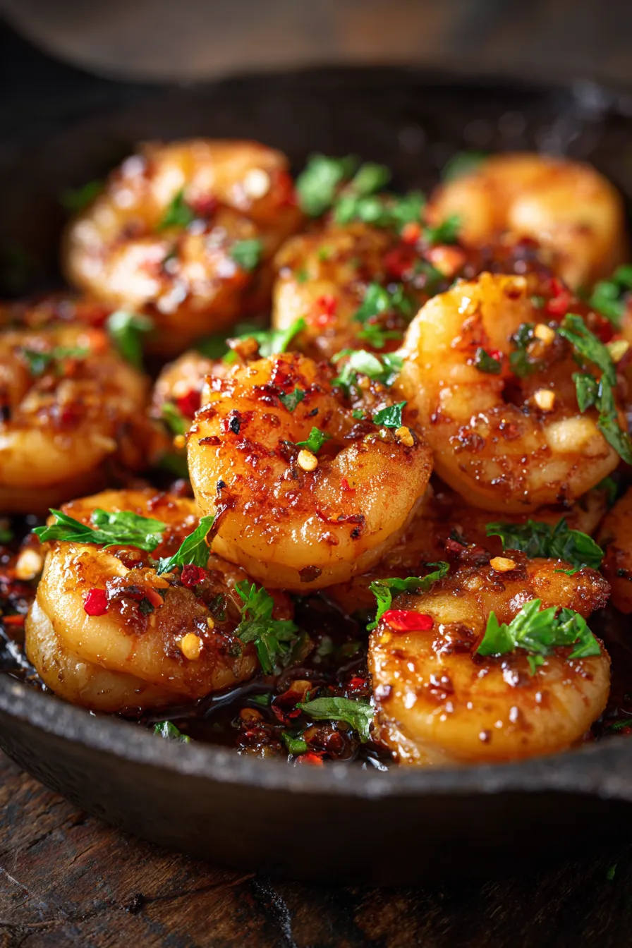 garlic shrimp recipe closeup with parsley
