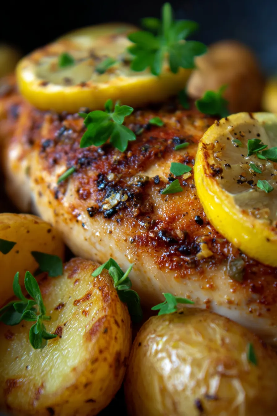Greek Lemon Chicken One-Pan Recipe-roasted-potatoes-lemon-slices-close-up