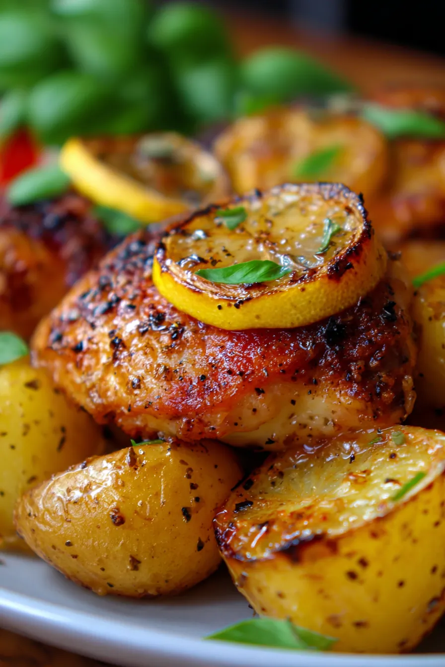 Greek Lemon Chicken One-Pan Recipe-serving-plated-fresh-herbs