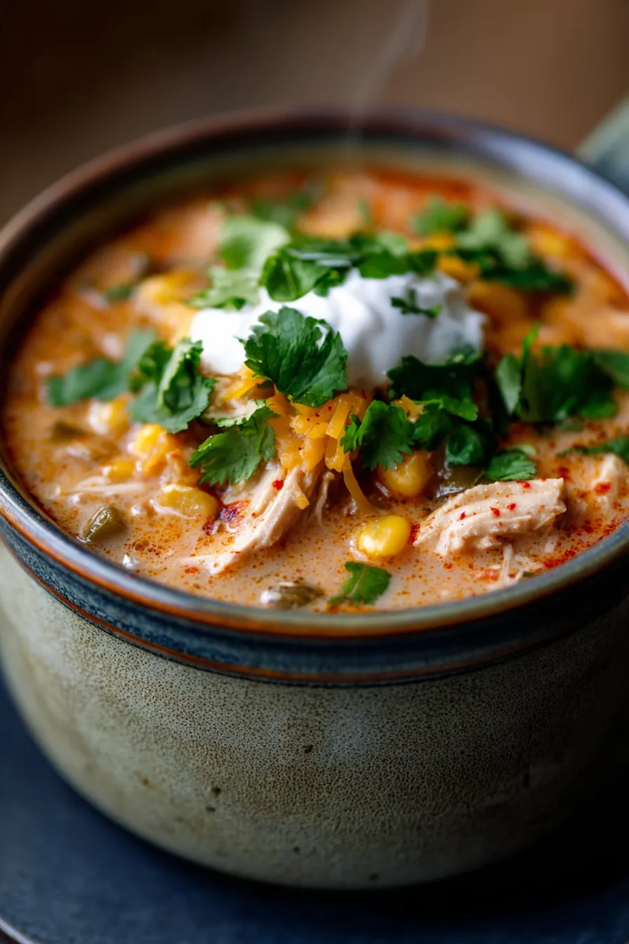 Green Chile Chicken Enchilada Soup - texture closeup with shredded chicken